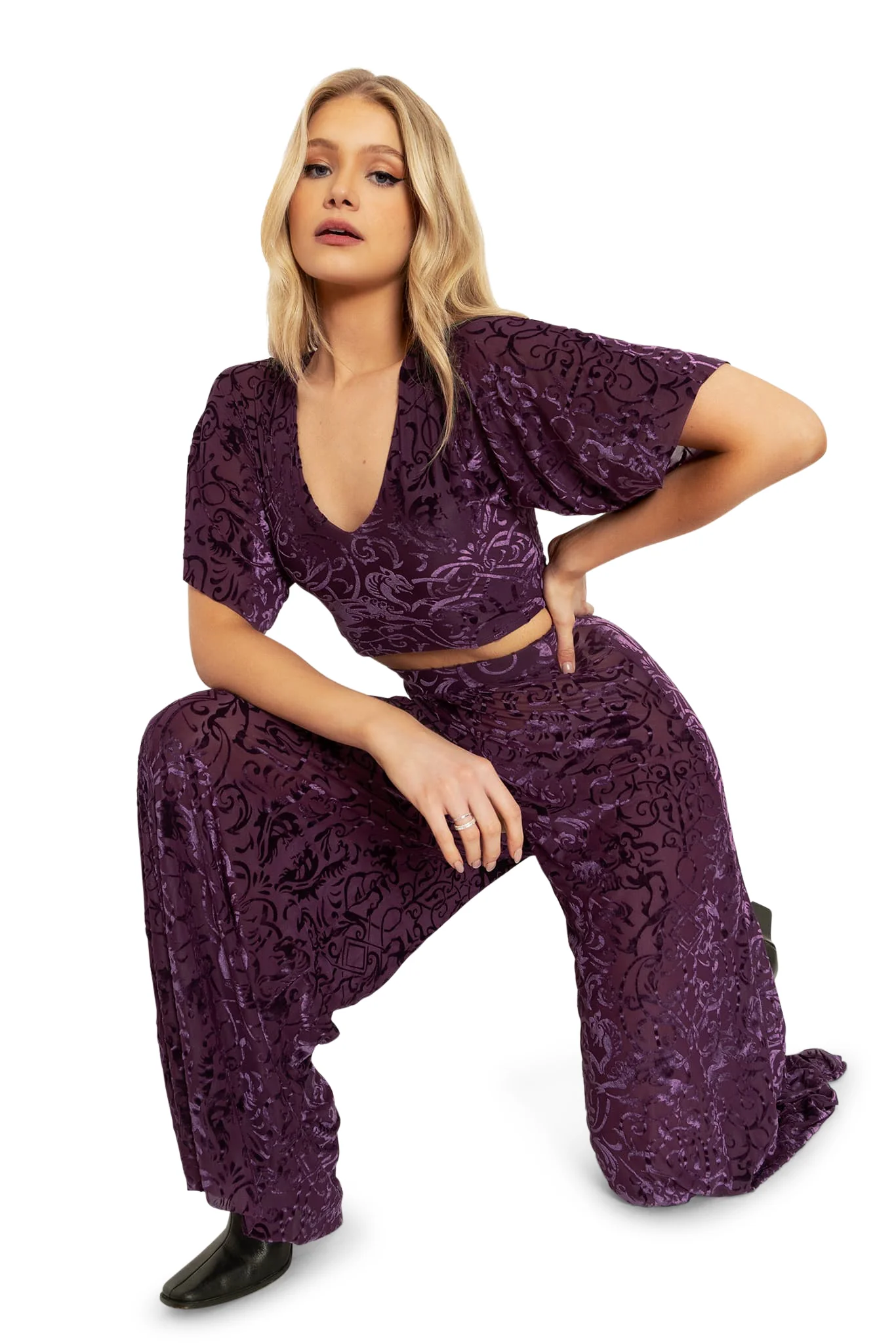 Burned Velvet Gothic Gates Plum Palazzo Pants - Image 7