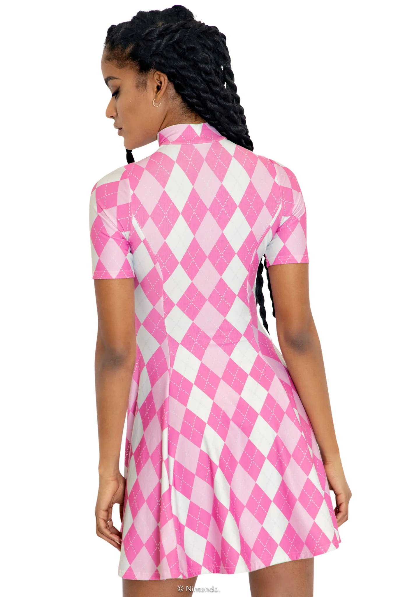 Princess Peach Argyle Short Sleeve Evil Mini Skater Dress - Image 2