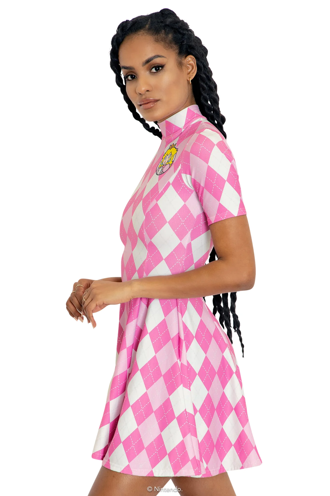 Princess Peach Argyle Short Sleeve Evil Mini Skater Dress - Image 4