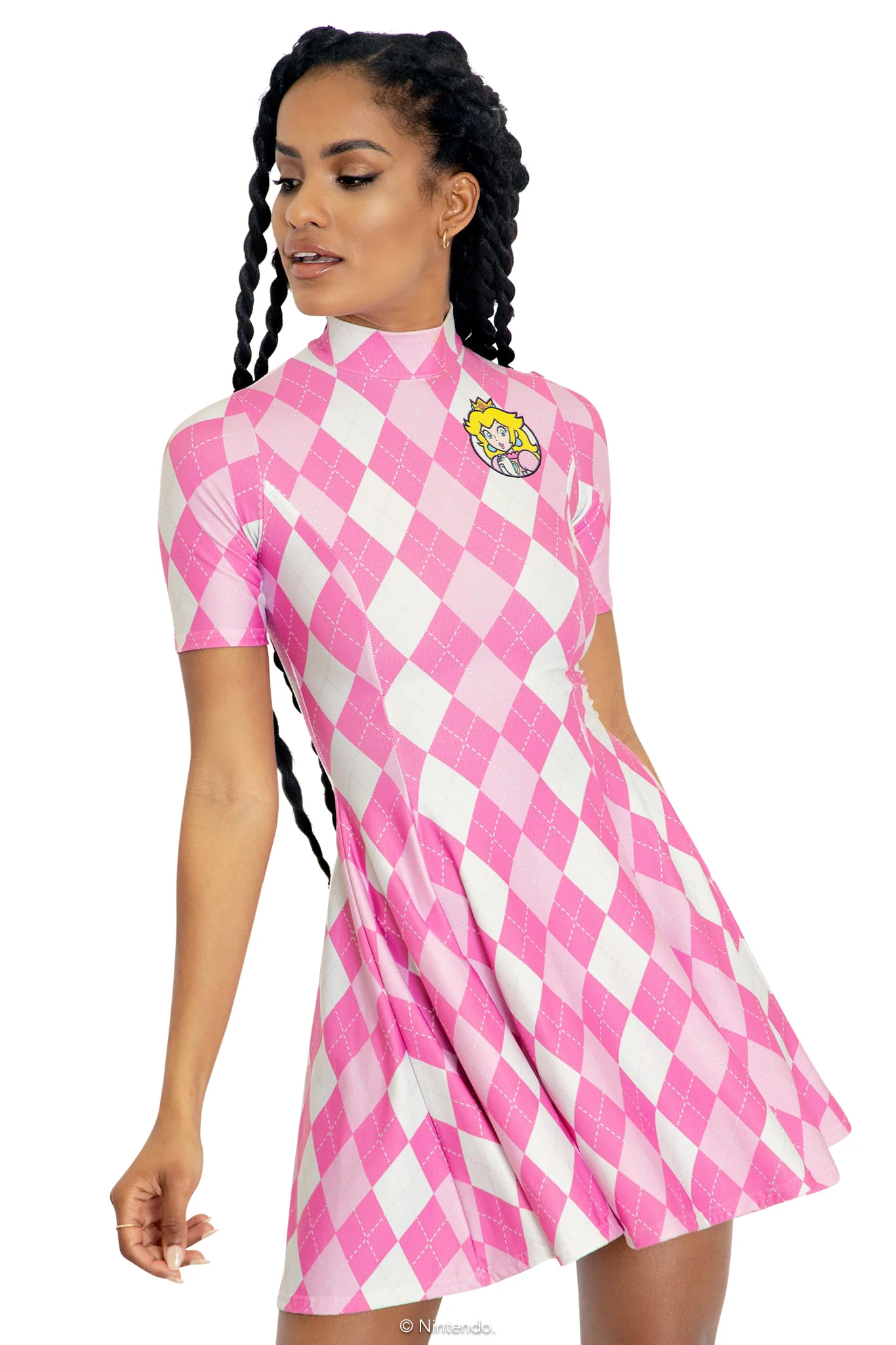 Princess Peach Argyle Short Sleeve Evil Mini Skater Dress - Image 5