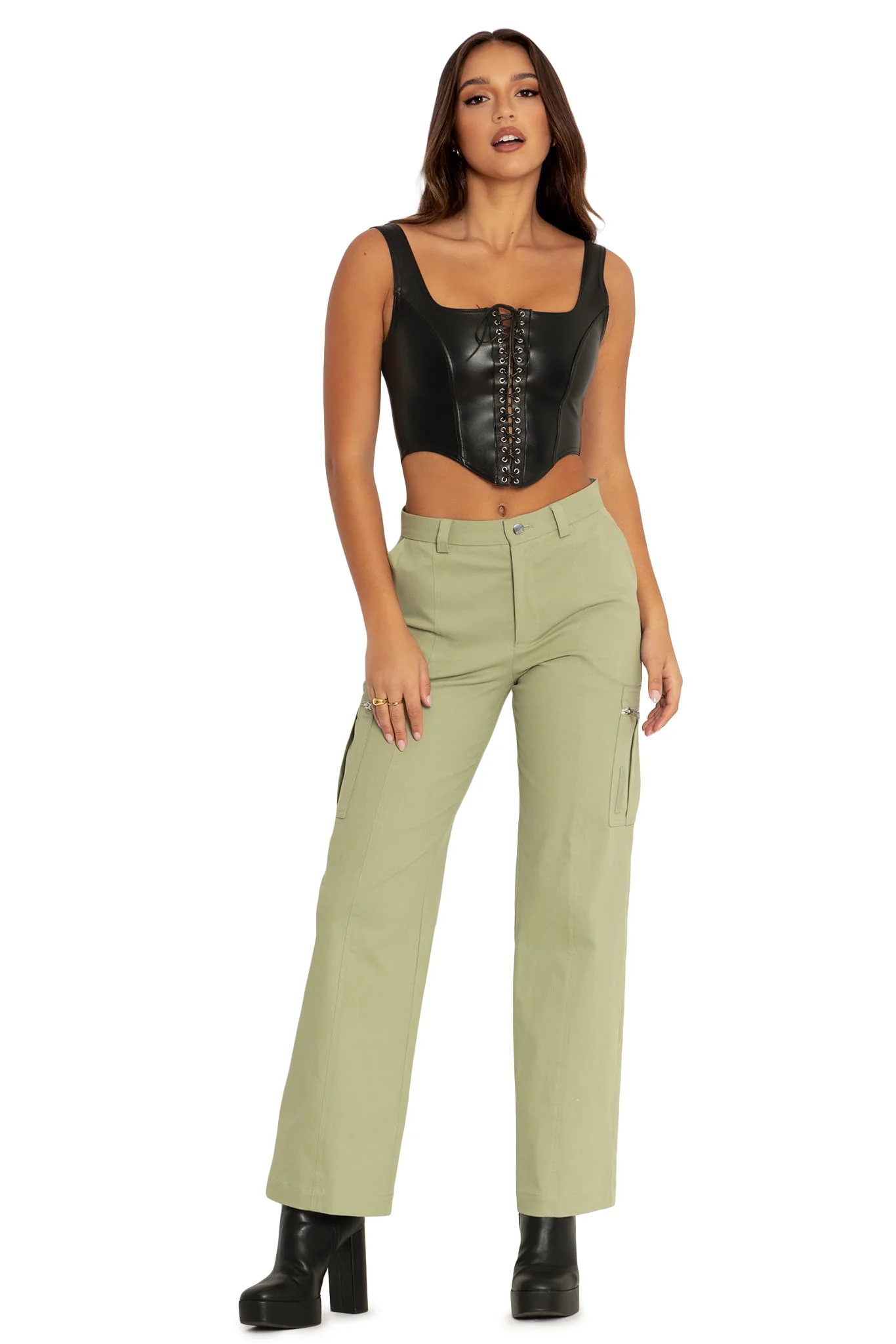 Sage Wide Leg Satin Cargo Pants