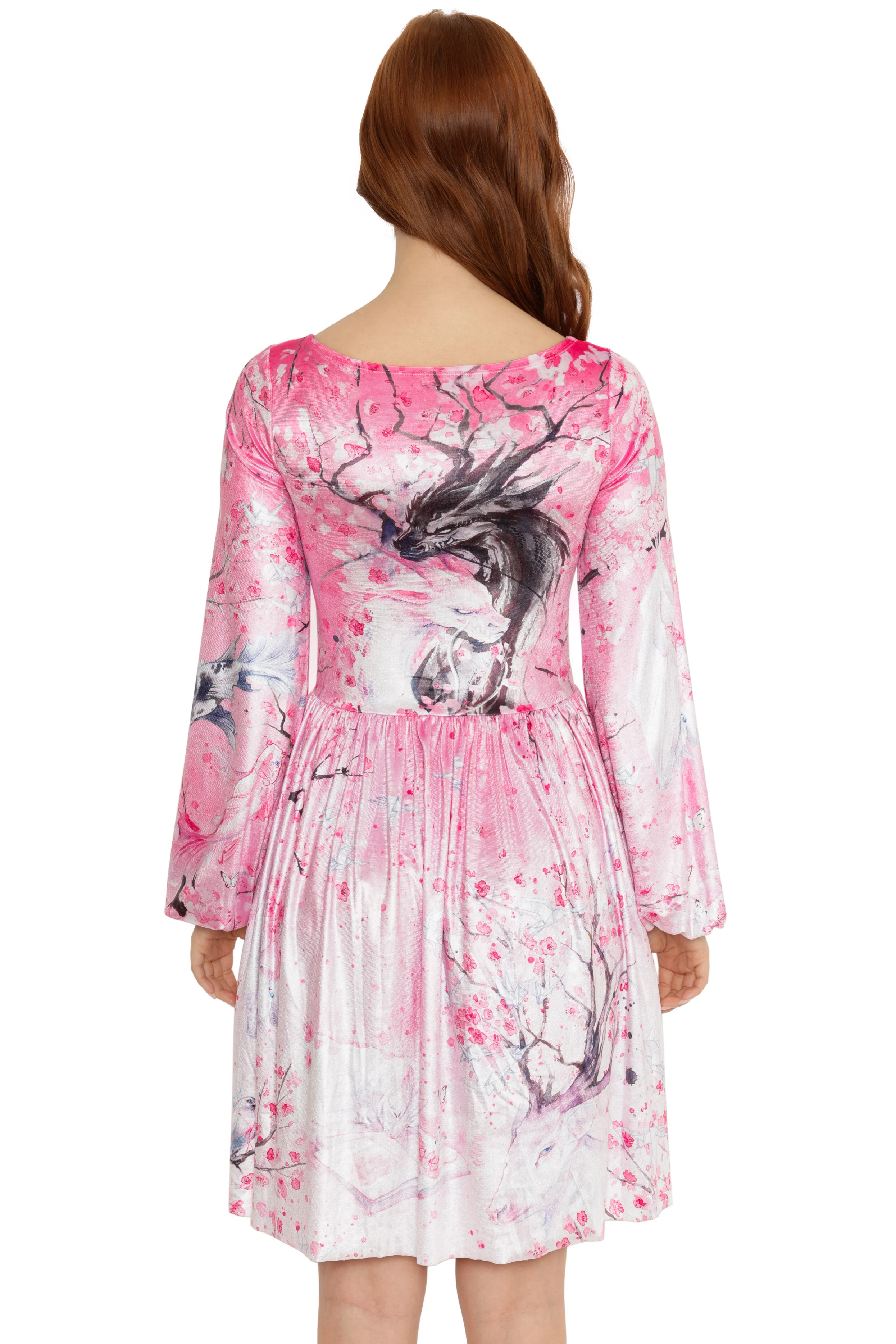 Sakura Blossoms Ying Yang Velvet Bishop Sleeve Longline Dress - Image 3