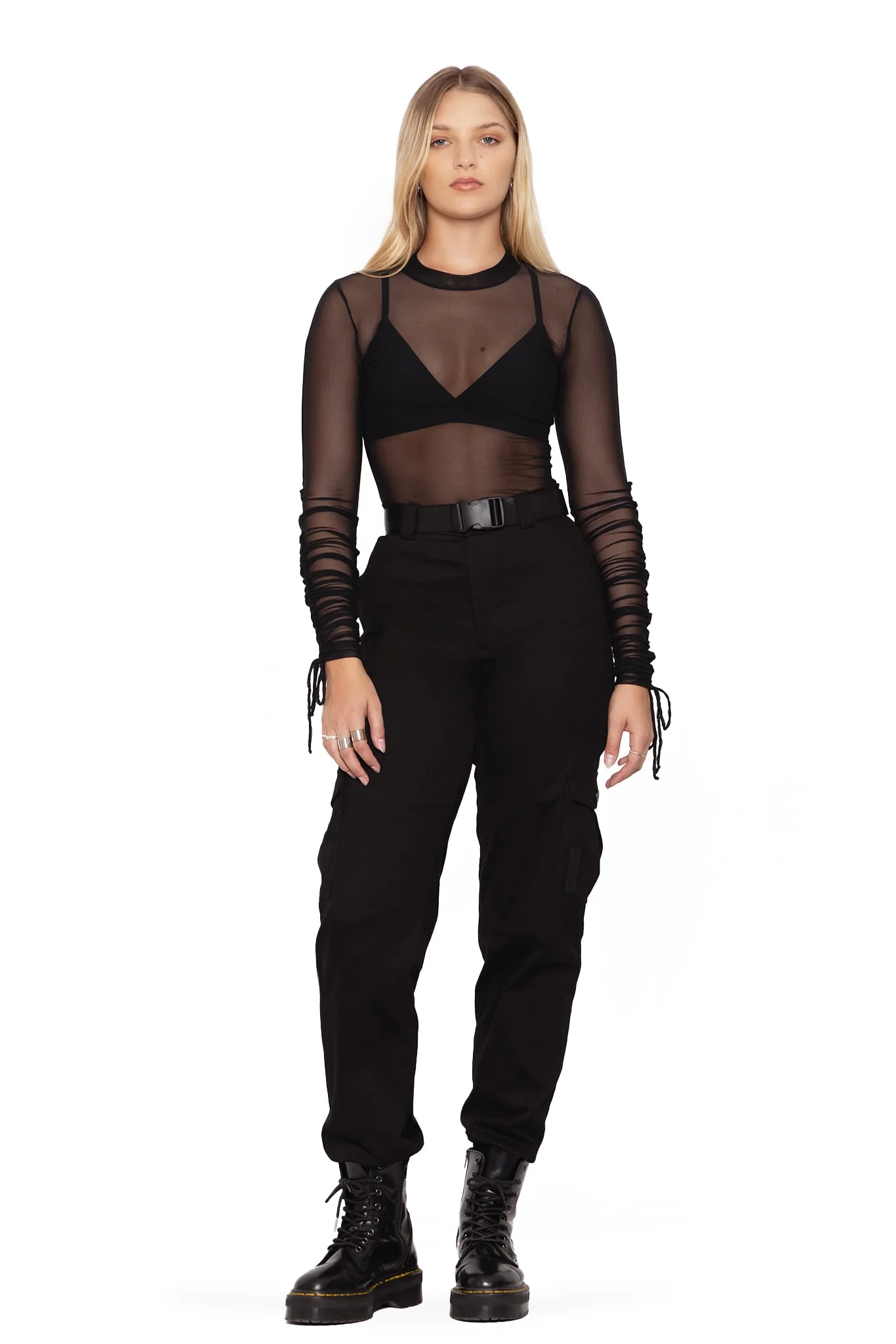 Sheer High Neck Long Sleeve Ruched Top - Image 4