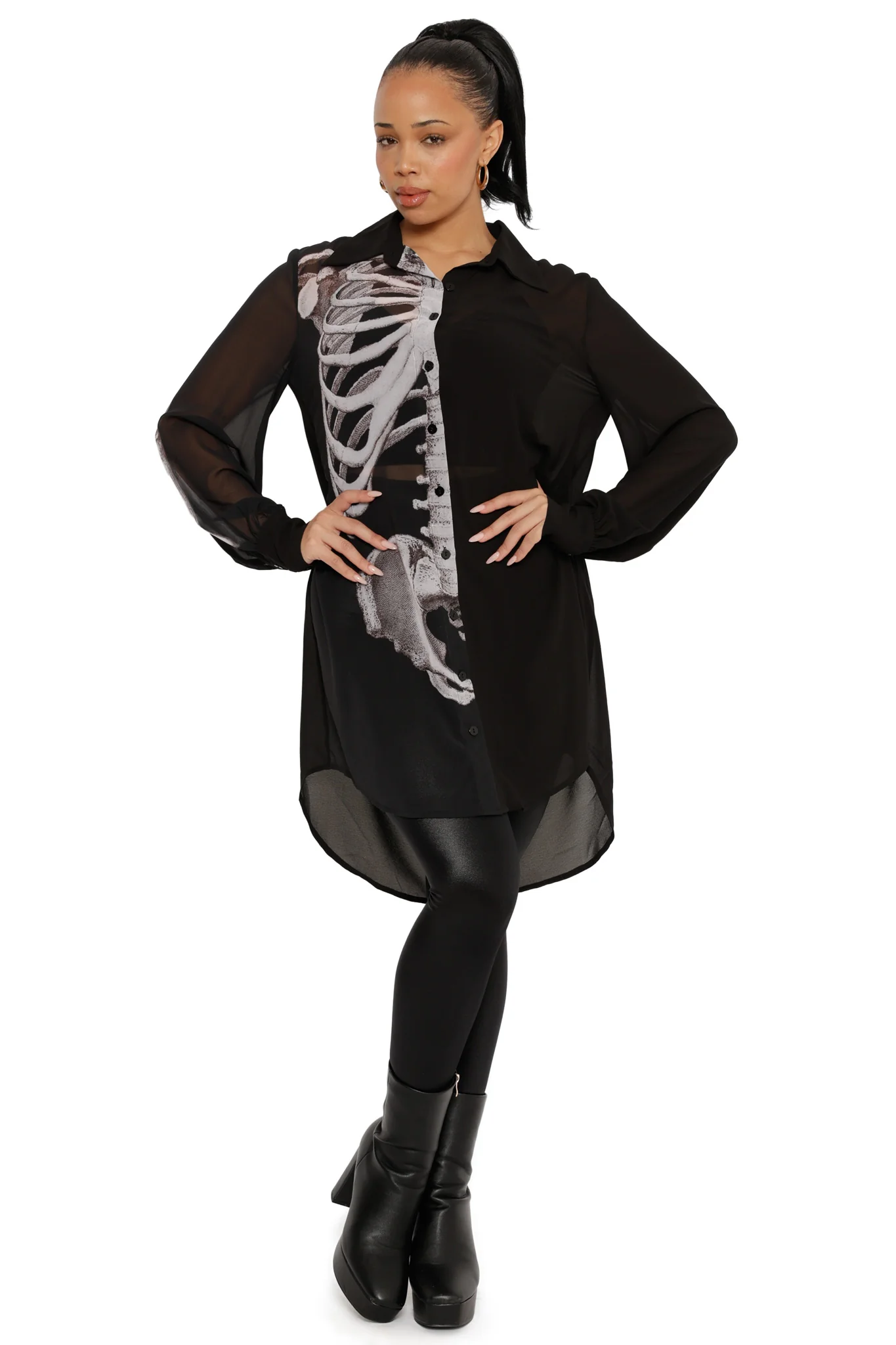 Sheer Ribs Long Sleeve Buttoned Shirt Dress - Image 2