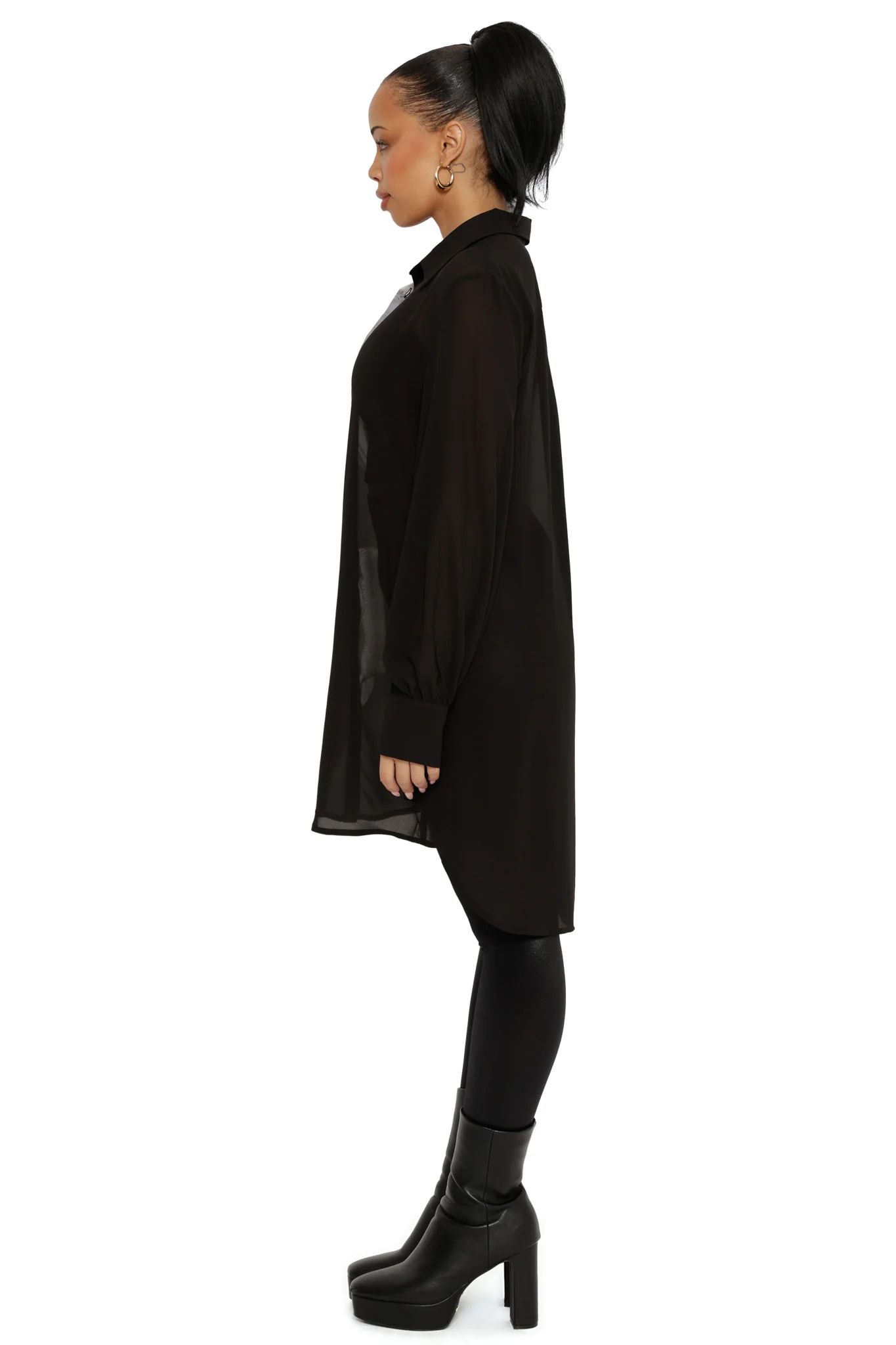 Sheer Ribs Long Sleeve Buttoned Shirt Dress - Image 4