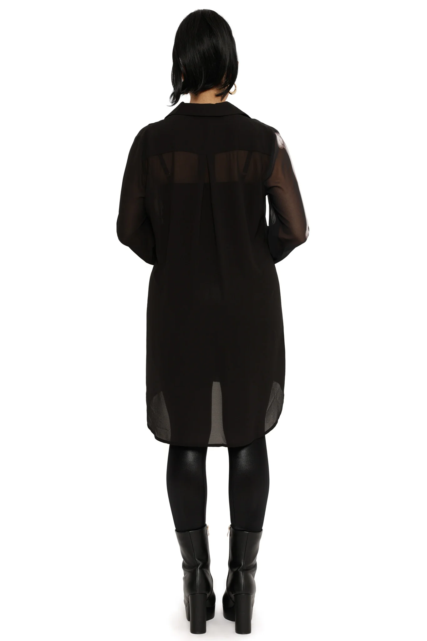Sheer Ribs Long Sleeve Buttoned Shirt Dress - Image 6