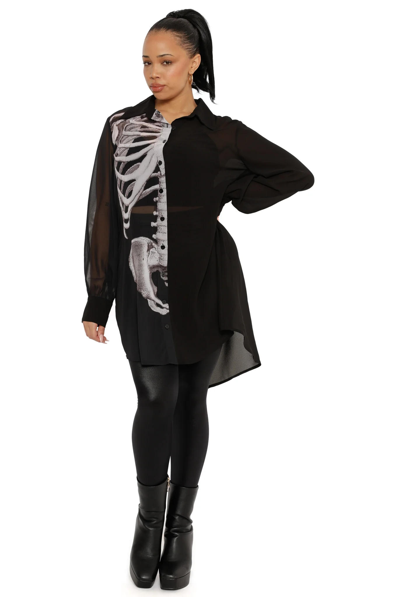 Sheer Ribs Long Sleeve Buttoned Shirt Dress - Image 8