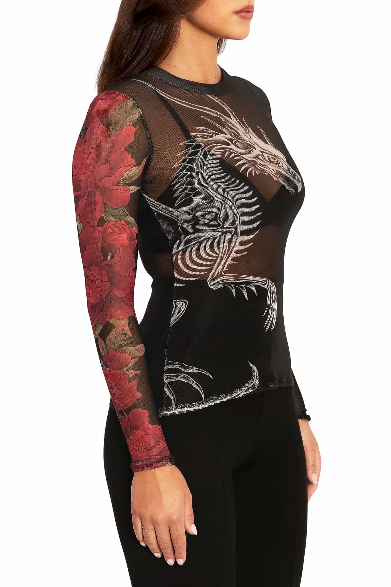 Skeletal Dragon Sheer High Neck Long Sleeve Top - Image 3