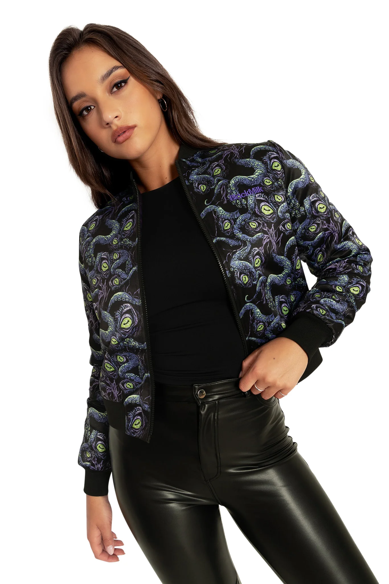 Space Cthulhu Cropped Shiny Bomber Jacket - Image 8