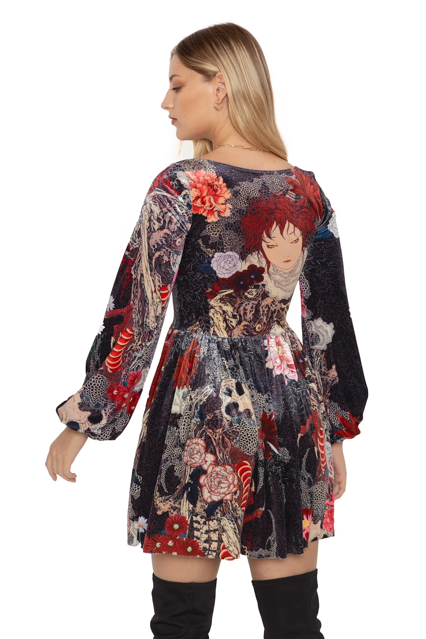 Spirit Of A Dragon Velvet Squared Up Bishop Skater Dress - Image 2