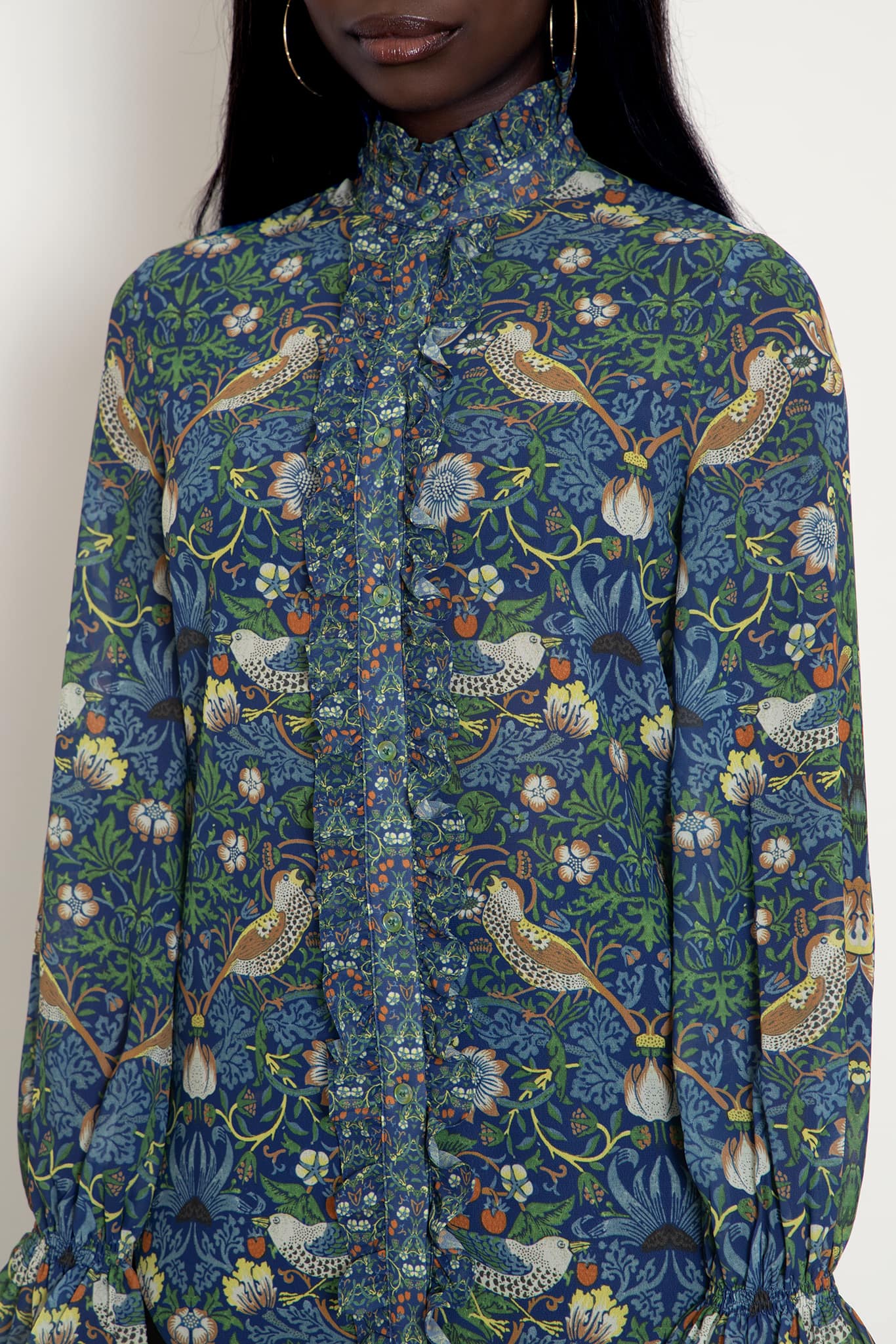 Strawberry Thief Blue Sheer Ruffle Shirt - Image 2