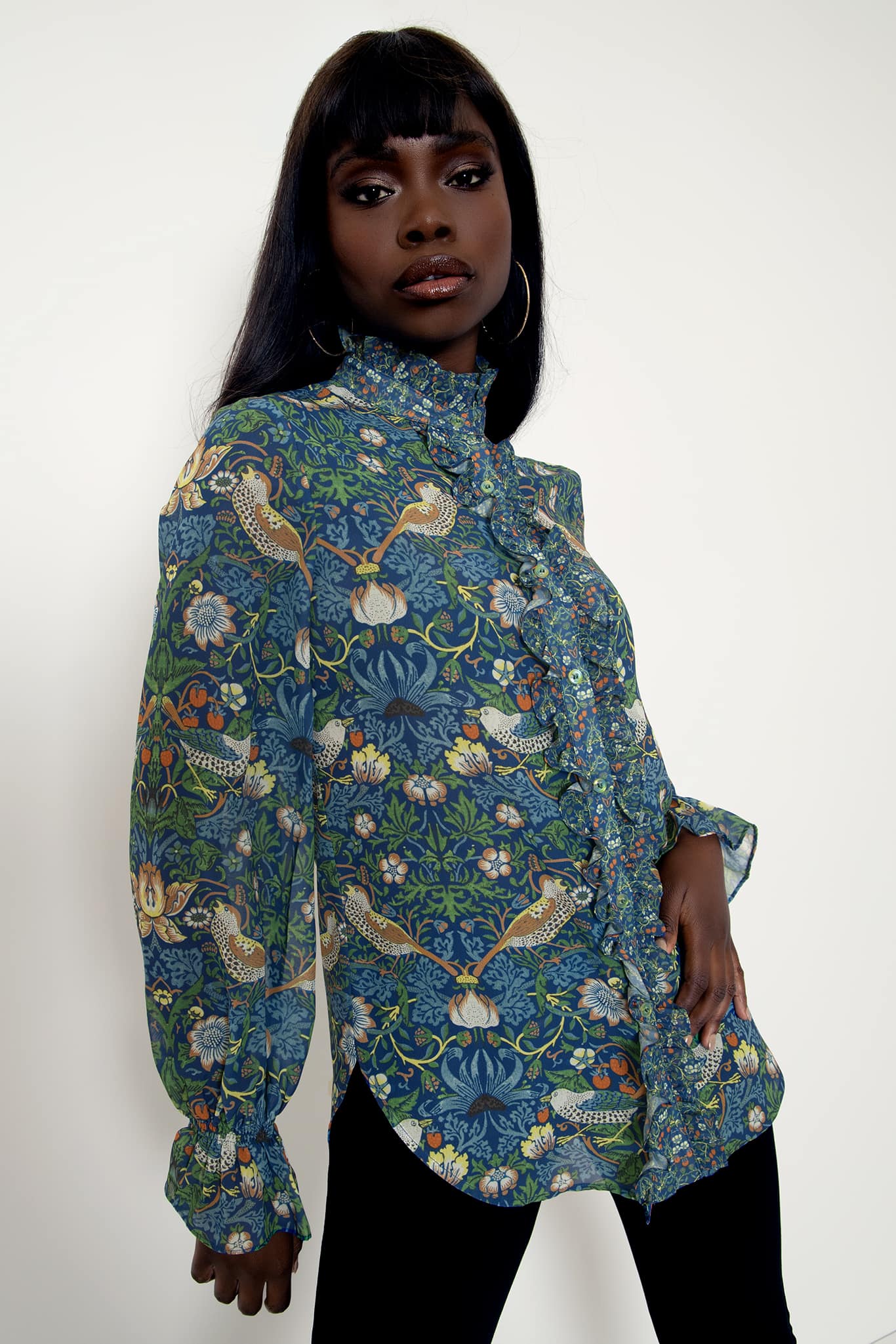 Strawberry Thief Blue Sheer Ruffle Shirt - Image 3