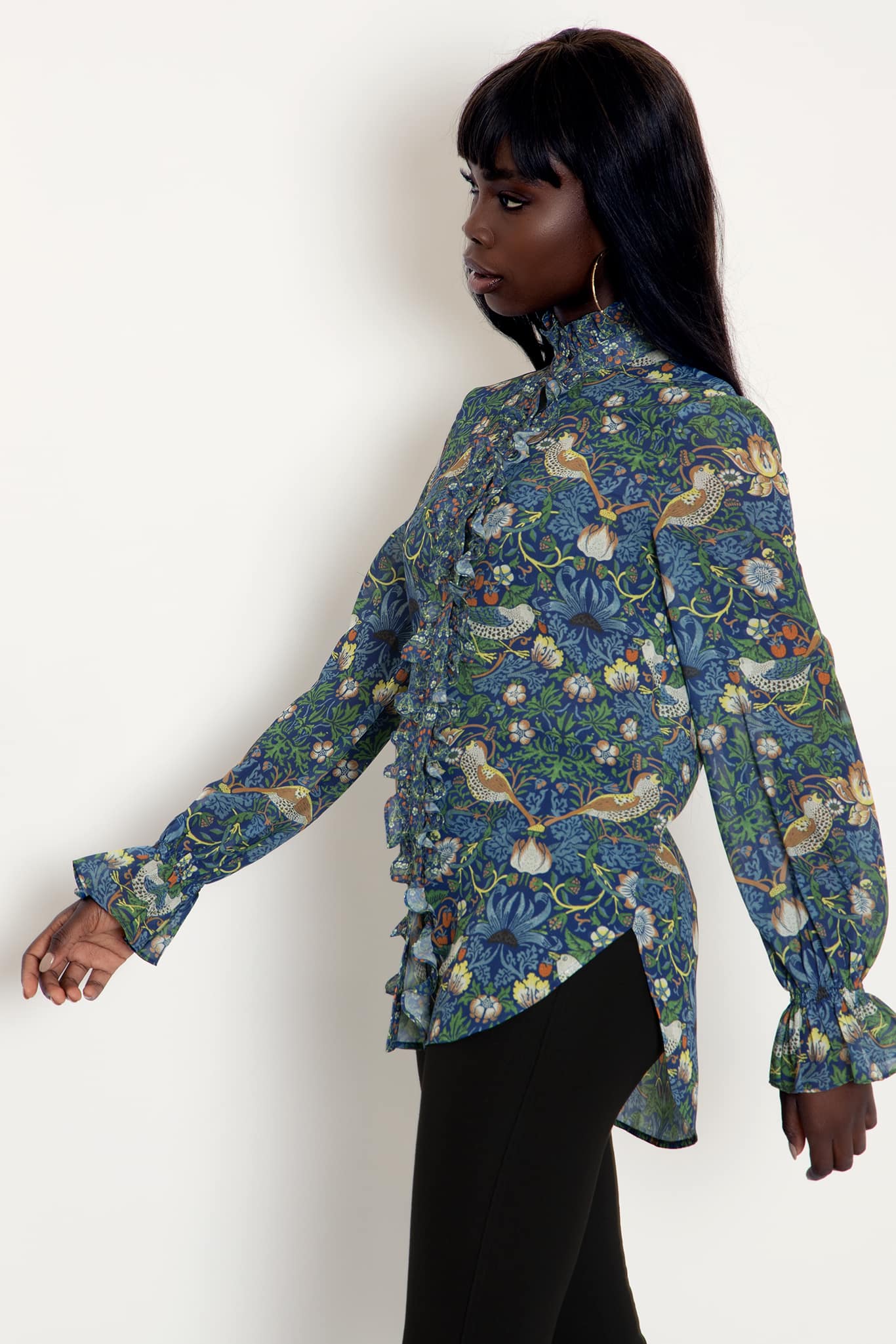 Strawberry Thief Blue Sheer Ruffle Shirt - Image 5