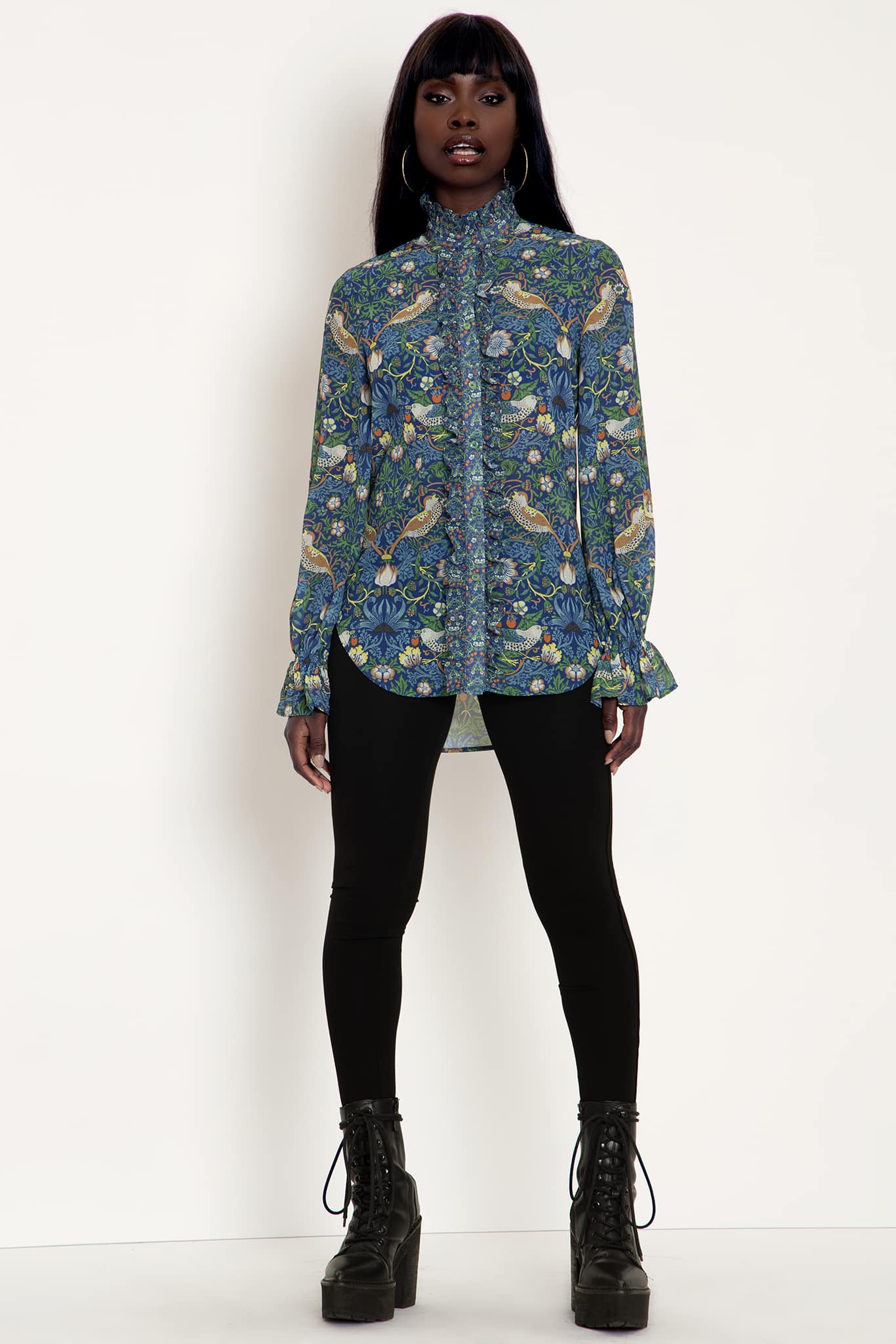 Strawberry Thief Blue Sheer Ruffle Shirt - Image 6
