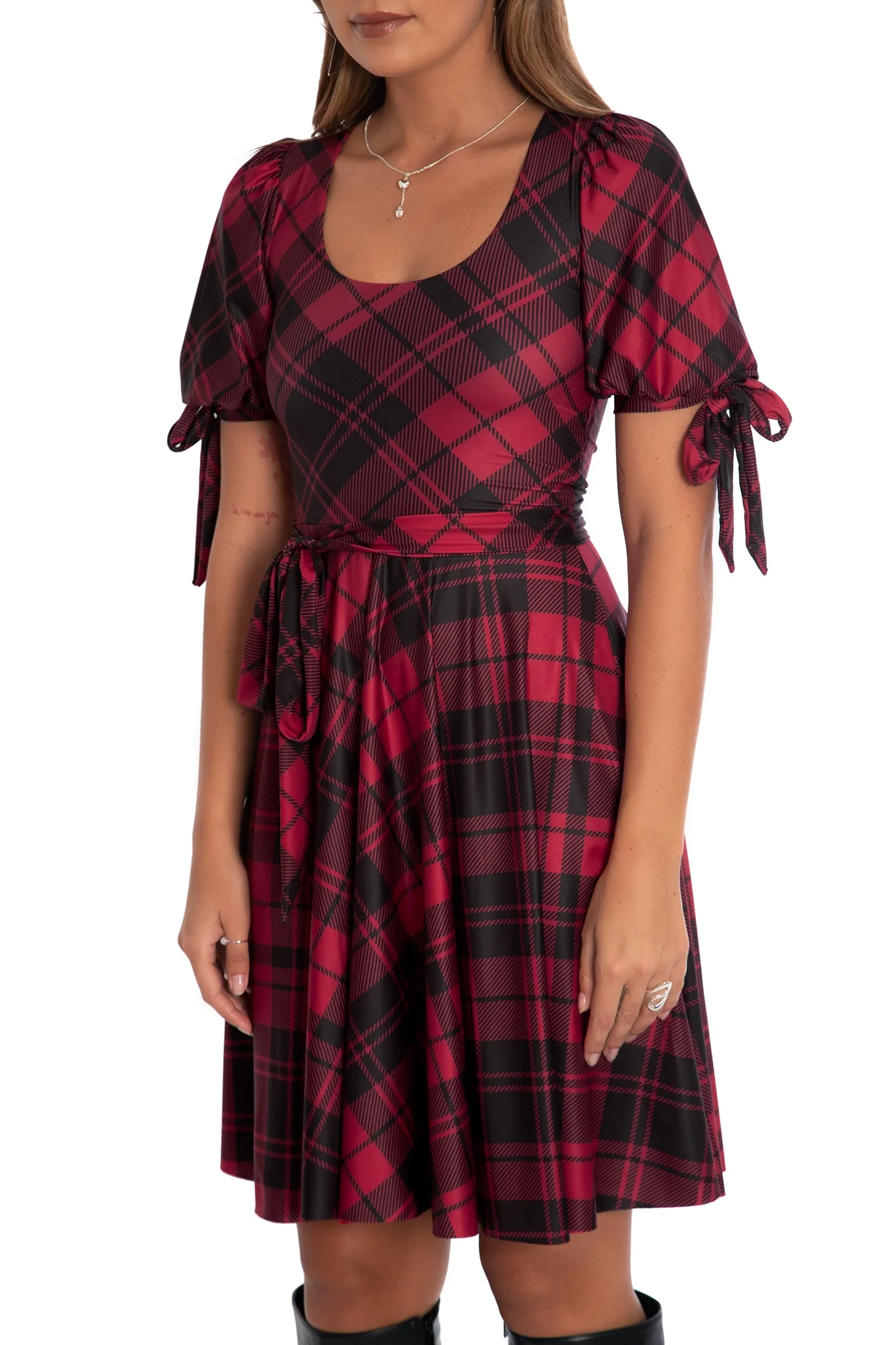 Tartan Crimson Tie Sleeve Longline Dress - Image 3