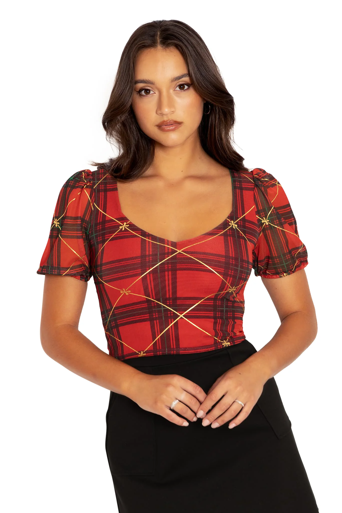 Tartan Gift Wrap Puff Sleeve Sweetheart Top