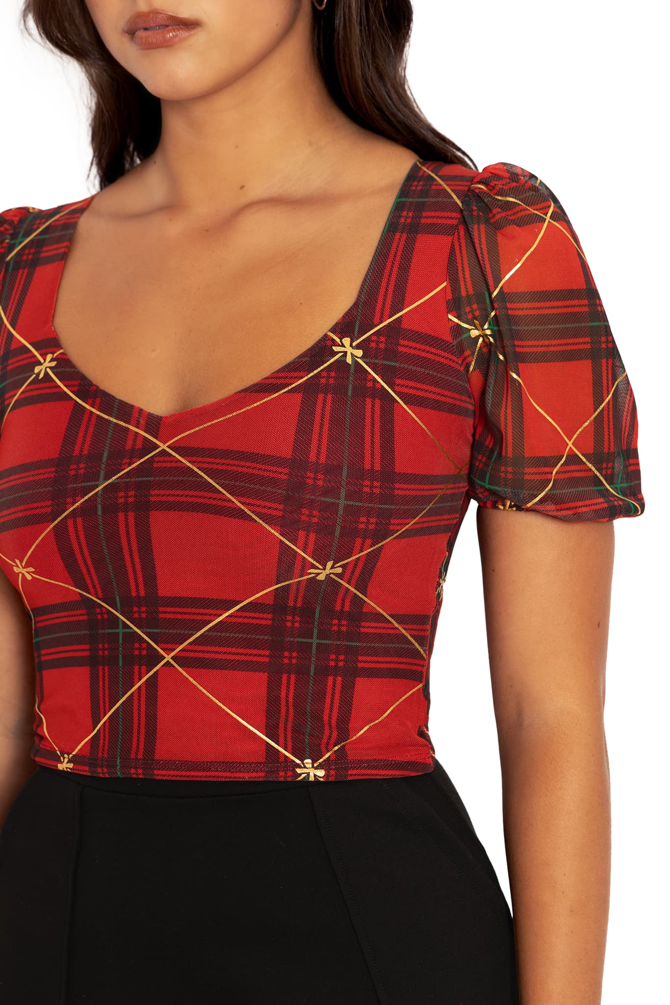 Tartan Gift Wrap Puff Sleeve Sweetheart Top - Image 3