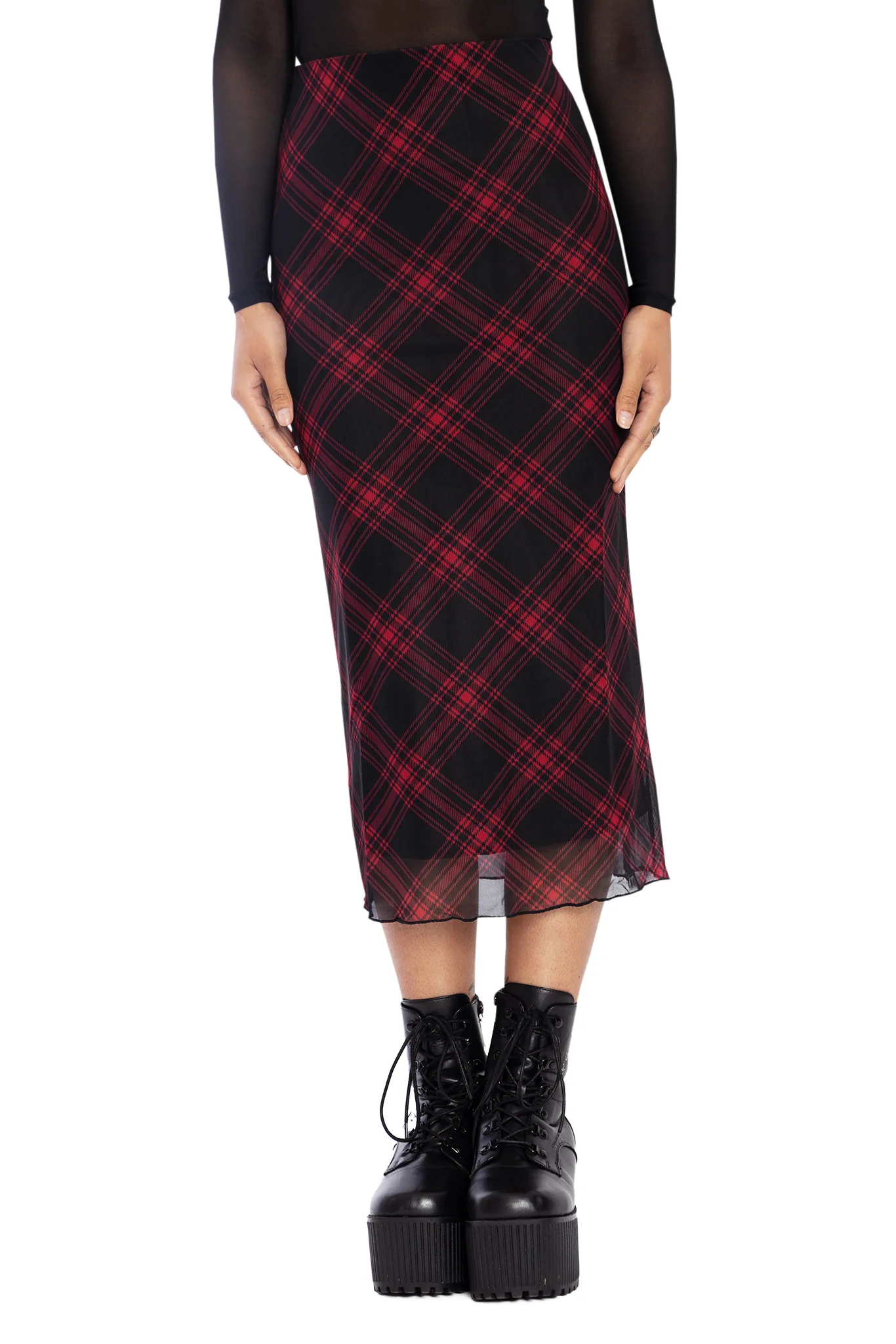 Tartan Punk Red Sheer Midaxi Tube Skirt - Image 5