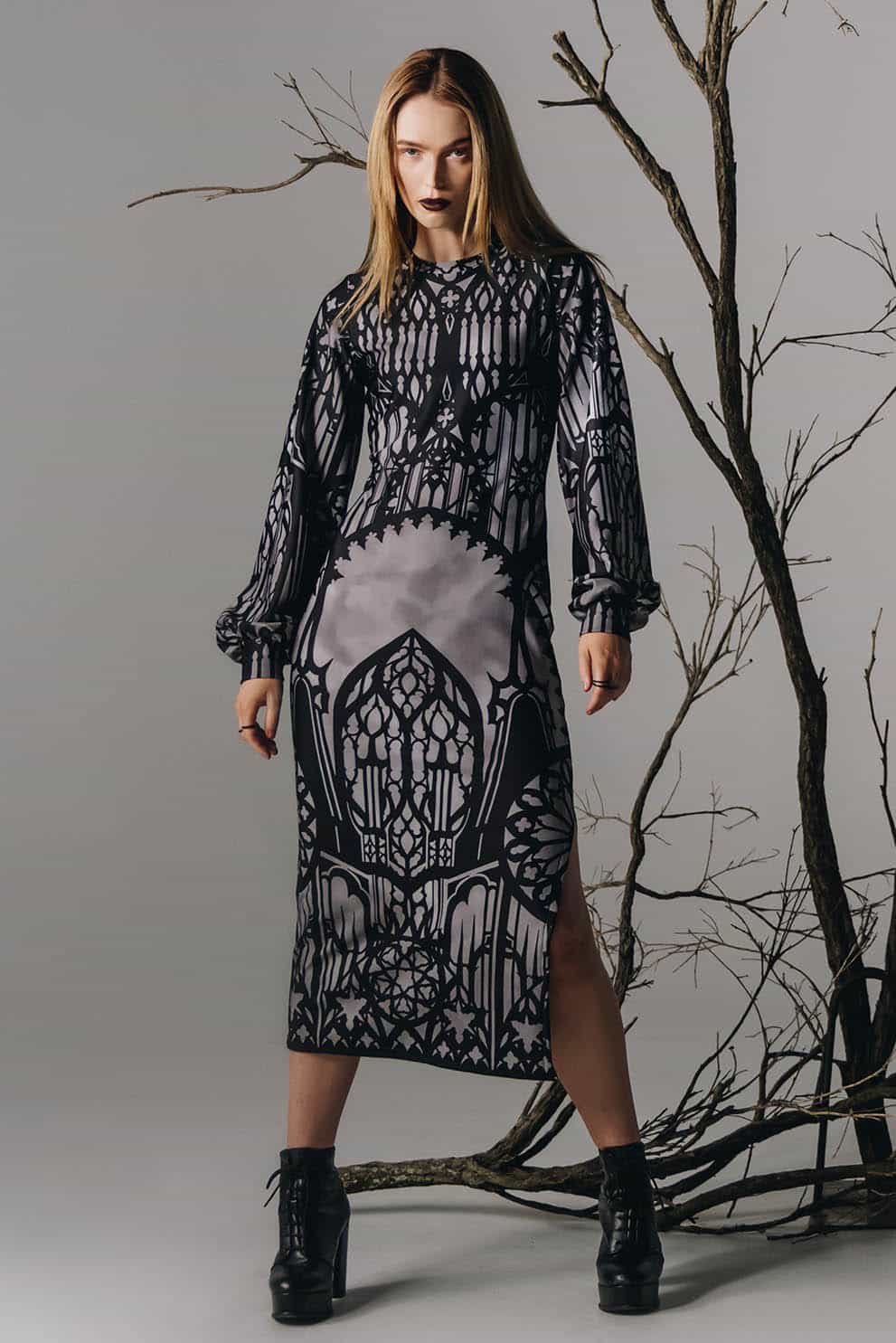 The Cathedral's Veil Long Sleeve Bishop Midaxi Dress - Image 3