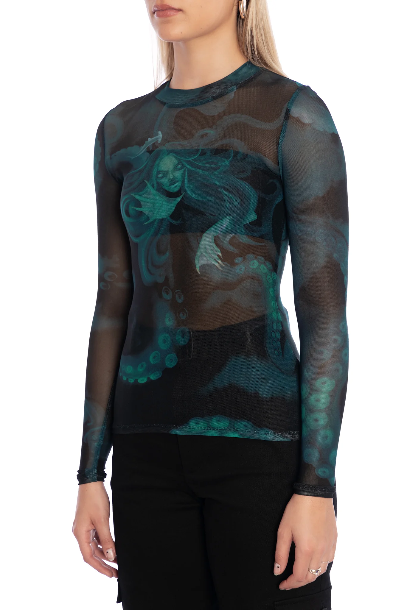 The Mermaid Cometh Sheer High Neck Long Sleeve Top - Image 3