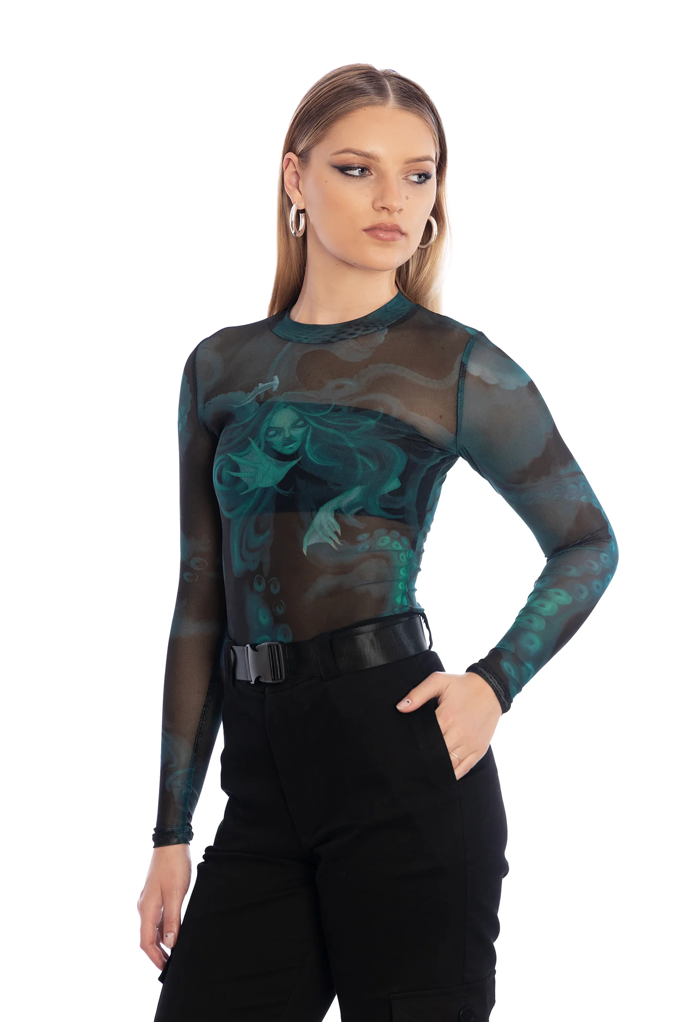 The Mermaid Cometh Sheer High Neck Long Sleeve Top - Image 4