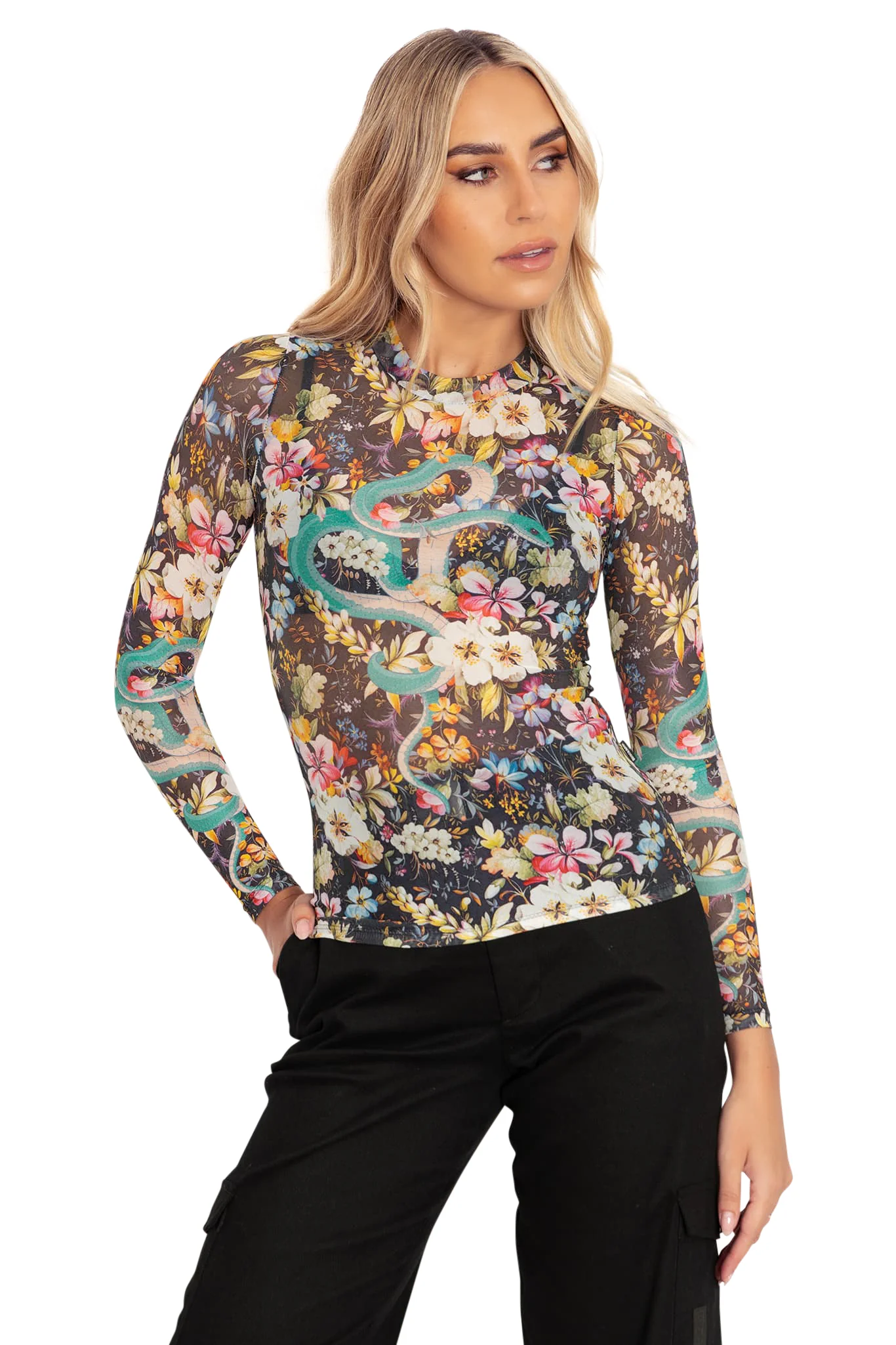 Tropical Snake Sheer High Neck Long Sleeve Top