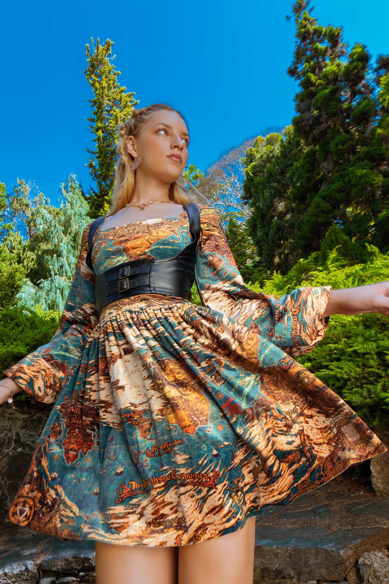 World Map Velvet Squared Up Bishop Skater Dress - Image 6