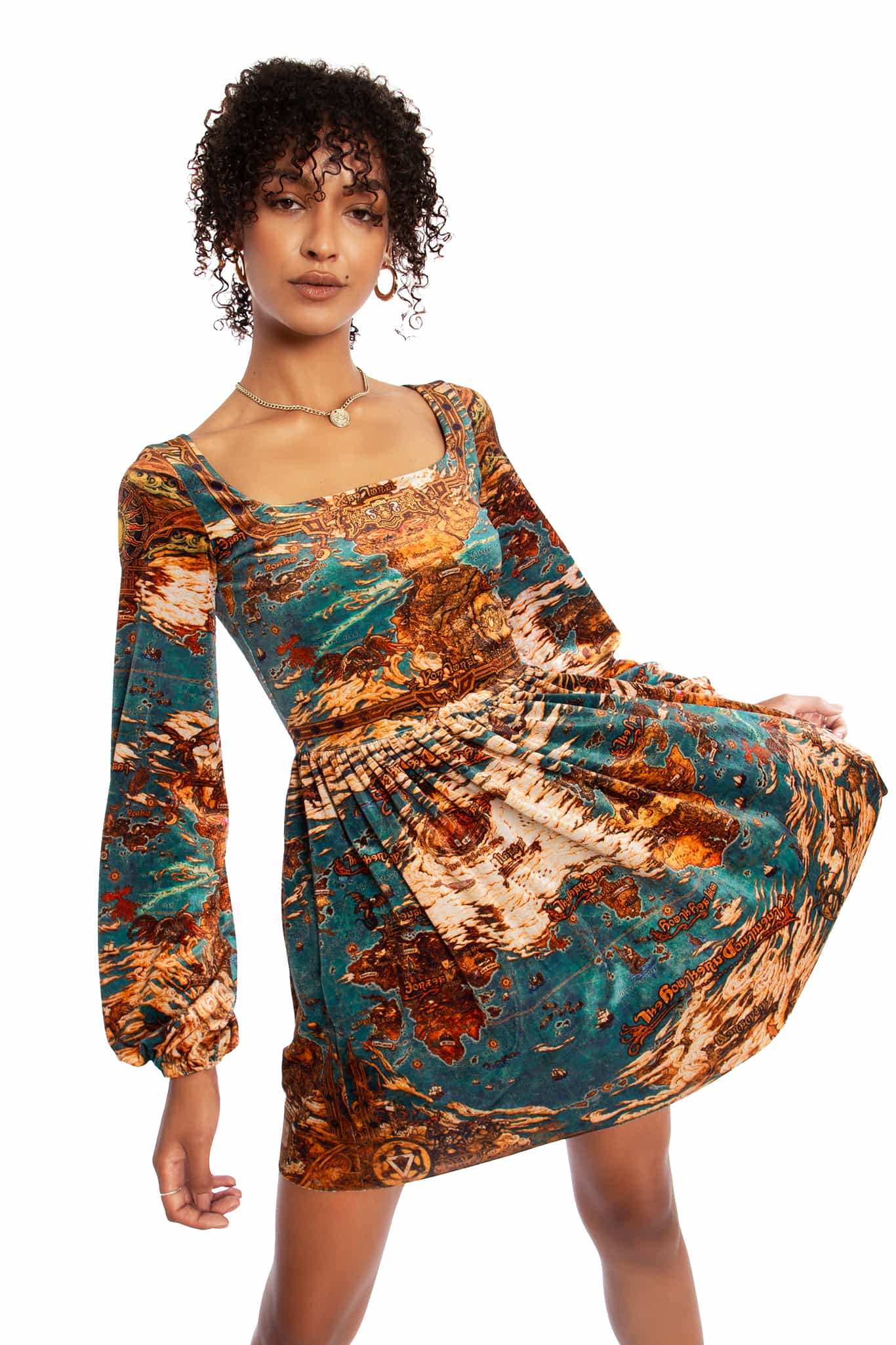 World Map Velvet Squared Up Bishop Skater Dress - Image 9