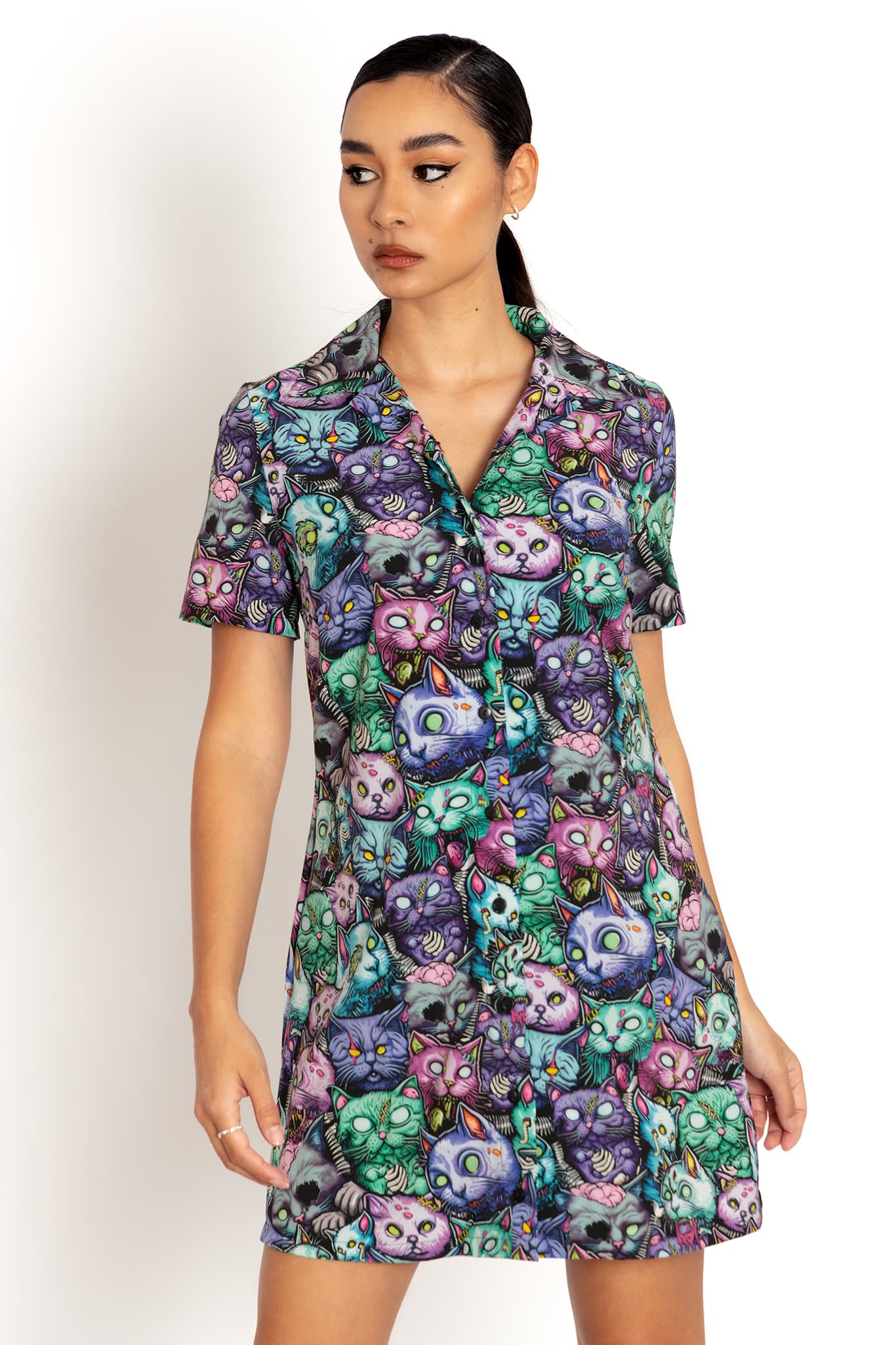 Zombie Catpocalypse Short Sleeve Shirt Dress - Image 7